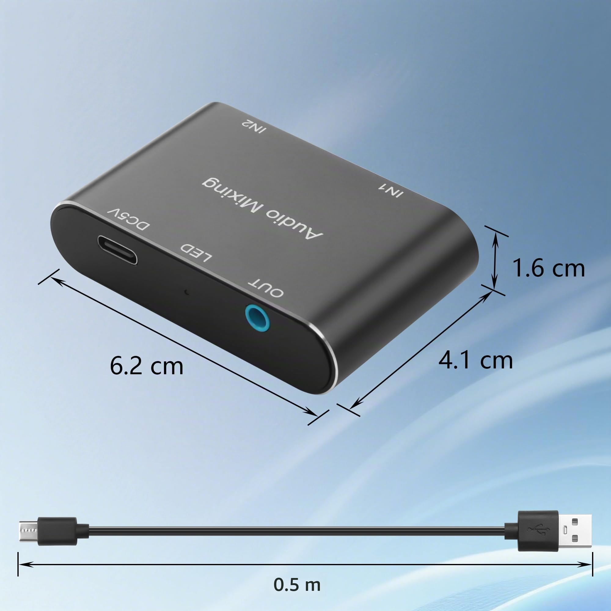 GINTOOYUN Mixer audio stereo da 3,5 mm 2 in 1 out mini mixer audio stereo da 3,5 mm con cavo di ricarica USB da 1,64 m per laptop, telefoni, cuffie, altoparlanti, ecc
