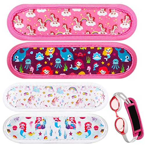 Hoteam 4 Pieces Swim Goggle Strap for Kids Summer Kids Girl Swimming Goggles Strap Neoprene Fabric Goggles Strap Cover Swimming Hair Protector Wrap Mermaid Unicorn Fabric Band for Kids, Age 3-12