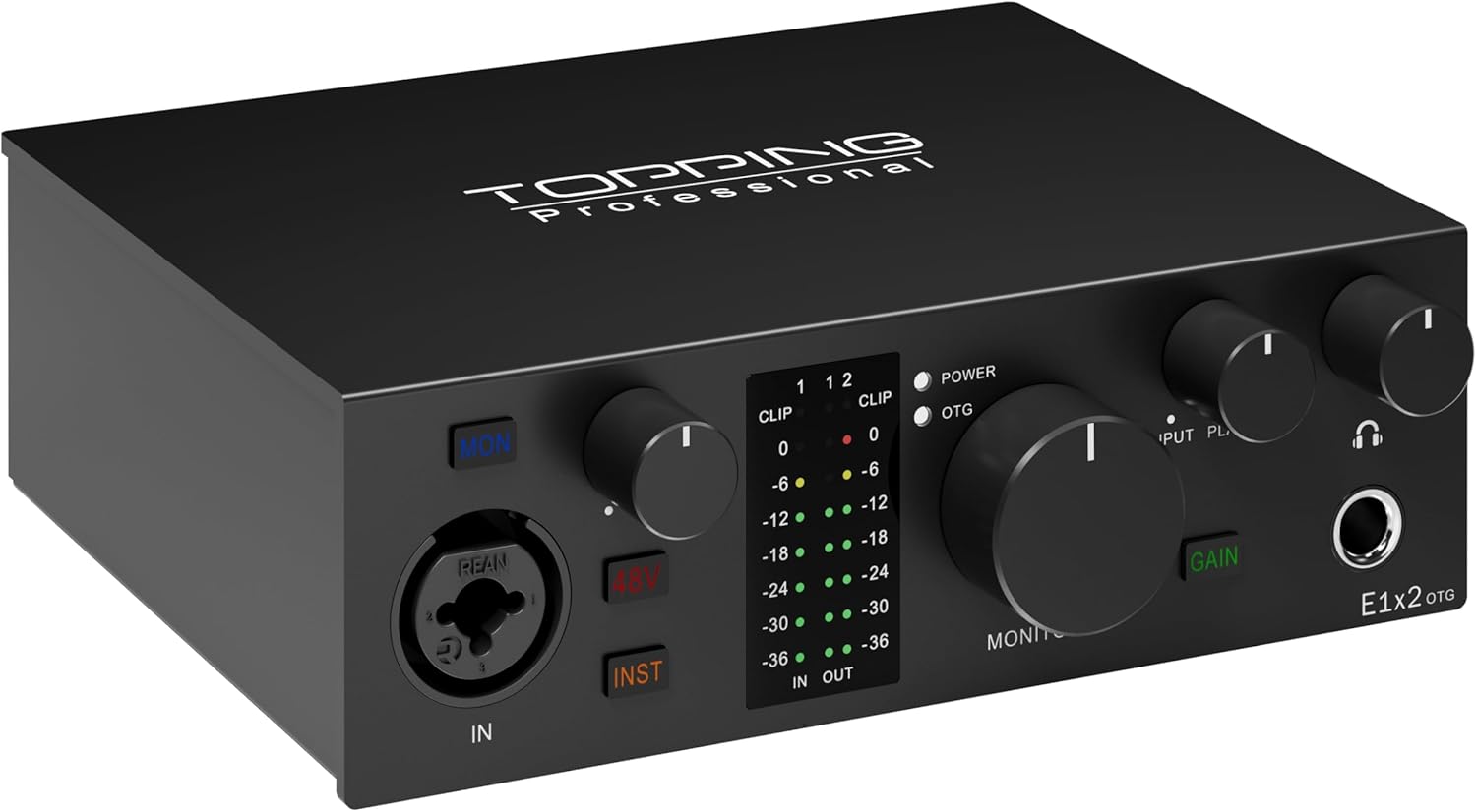TOPPING E1X2 OTG USB Audio Interface | XLR Mic Preamp, 48V Phantom Power, 24bit/192kHz, 8 DAW/6 Loopback Channels, PC & Mobile Recording, Dual Livestream, Zero-Latency Mixer, High-Res Playback(Black)