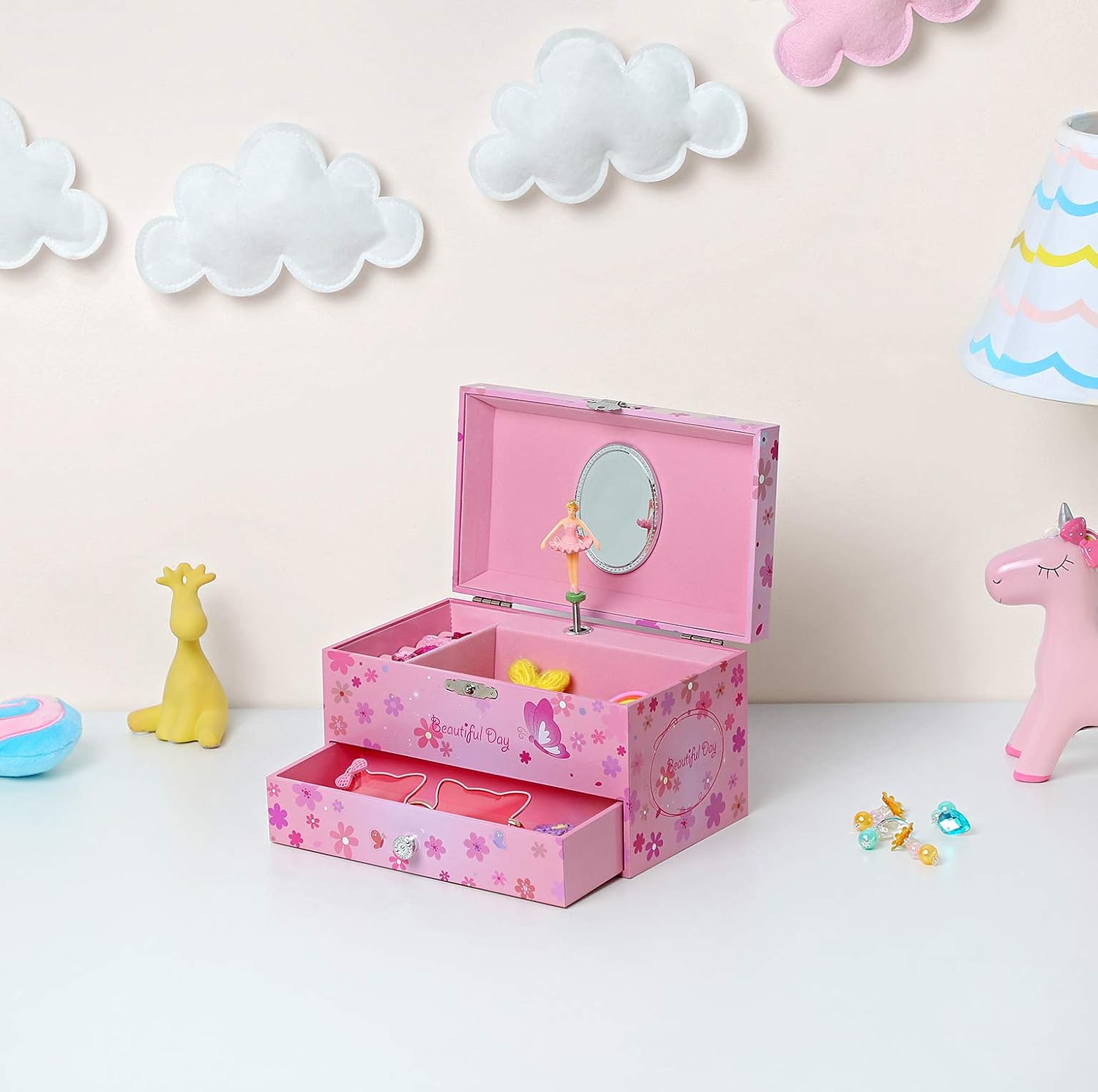 SONGMICS Ballerina Music Jewelry Box Storage Case with Drawer, Gift for Little Girls, 7.5”L x 4.3”W x 4.3”H, Pink : Clothing, Shoes & Jewelry