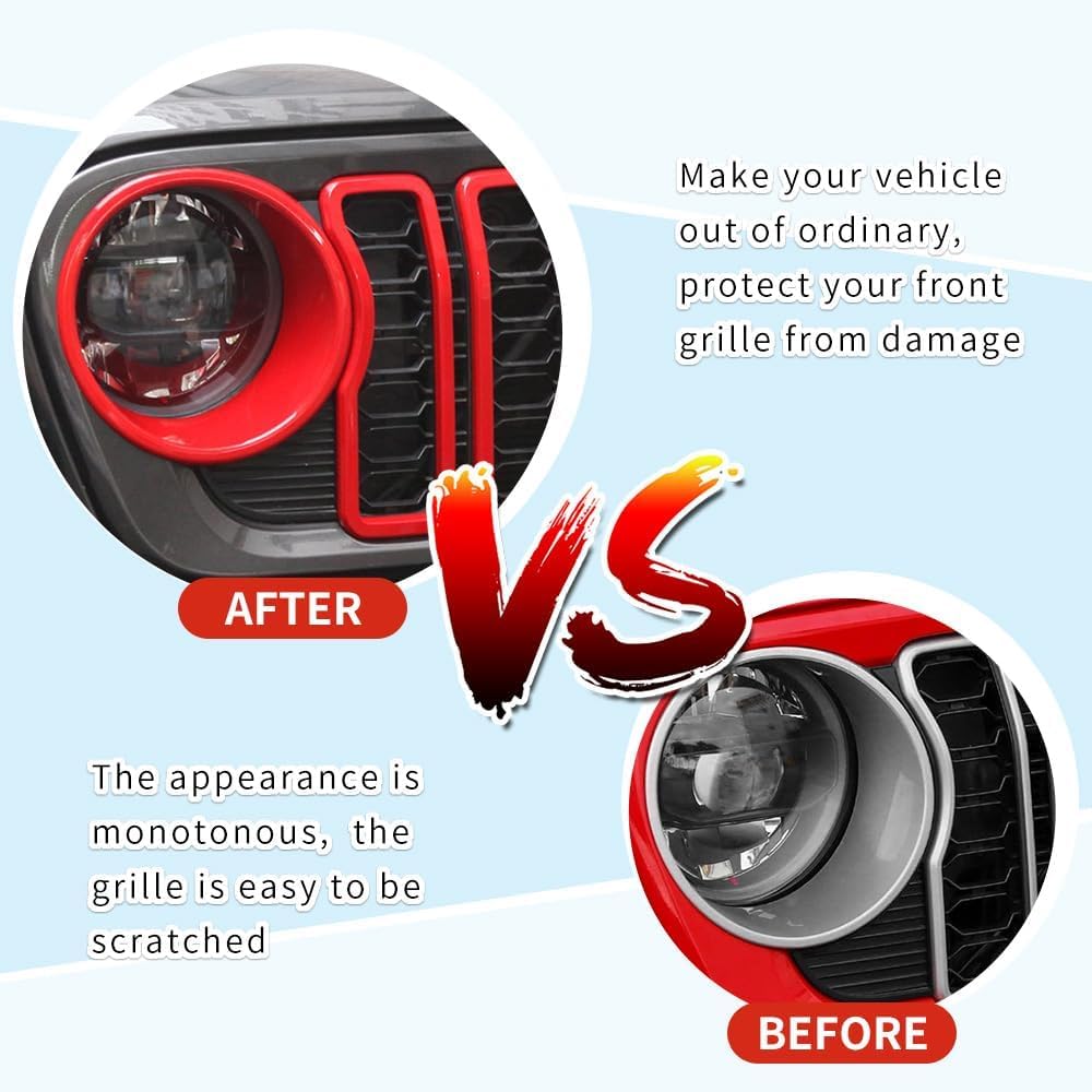 9PCS Front Grille Inserts & Headlight Cover Compatible with (2024-2026) Jeep Wrangler JL/Gladiator JT, Not For Sport, Sport S and Mojave (Red, 2024+ JL/JT)