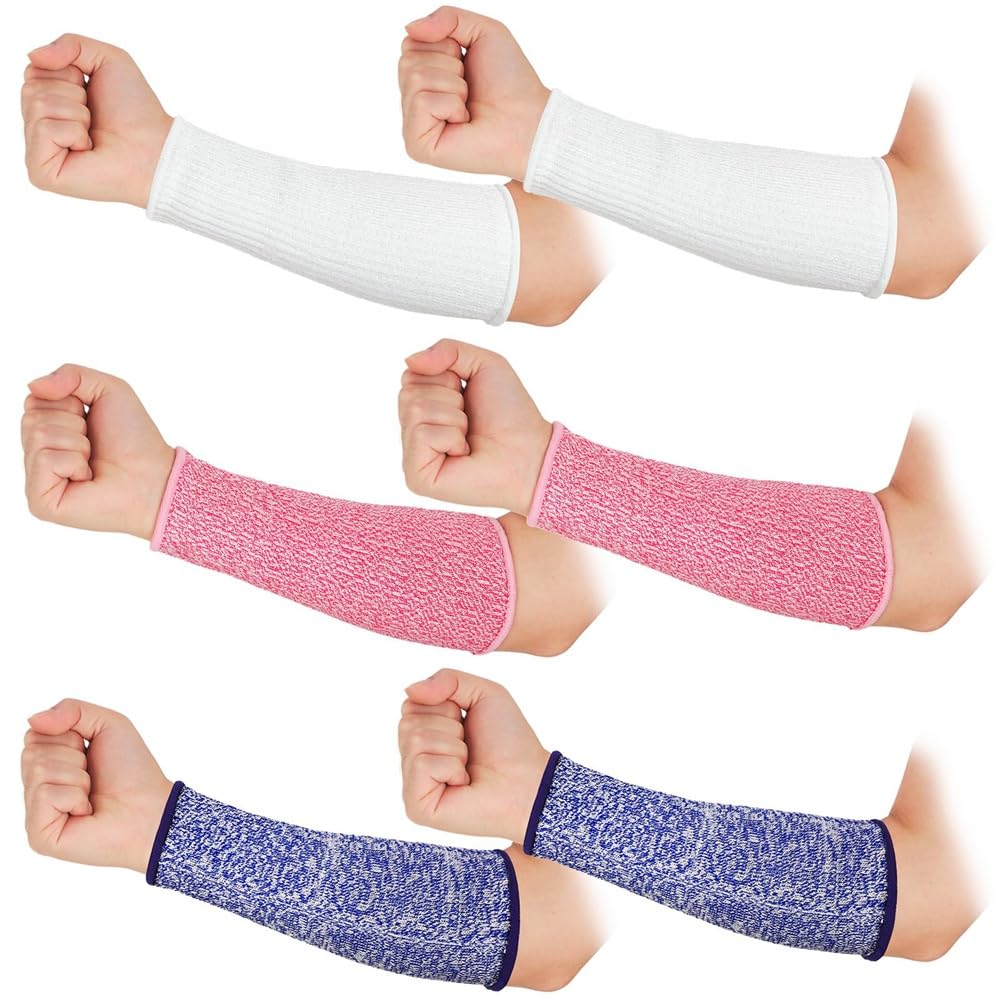 Fowecry White & Pink & Blue 3 Pairs Arm Protectors For Thin Skin And Bruises, Cut Resistant Forearm Sleeve, Level 5, Arm Burn Protection Cuff