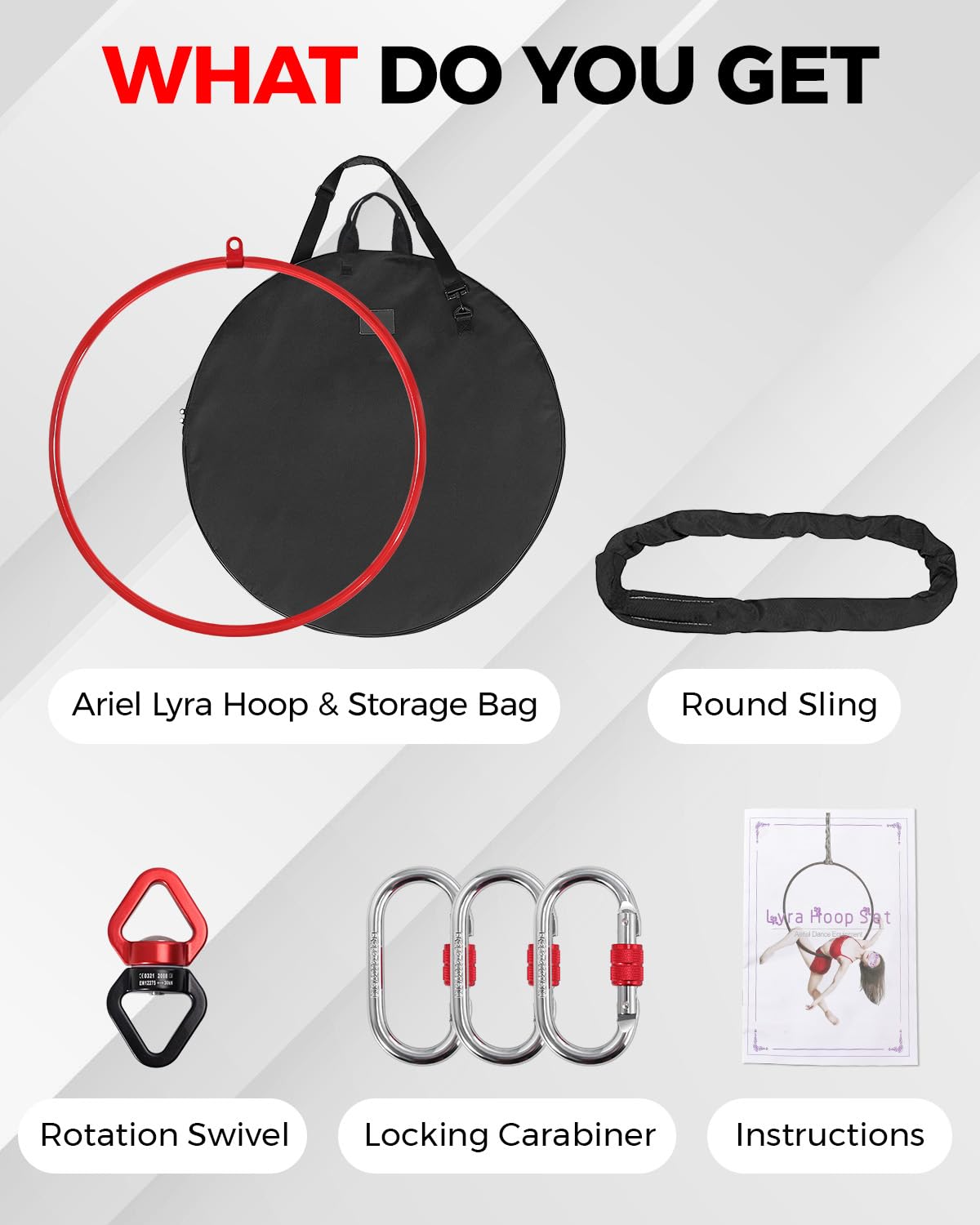 Cero Aereo con Borsa da Magazzino Accessori - Lyra a Punto Singcolo Rosso Premium 85 /90cm Set Anello Yoga Aereo per Circo, Acrobazie, Danza e Yoga, Sistema di Sicurezza 2 Tonnellate e Finitura Lucida
