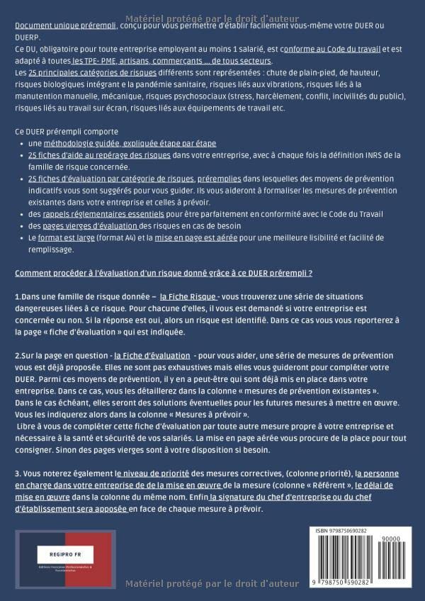 DUERP Document Unique risques professionnels livre prérempli pour artisan et commerce