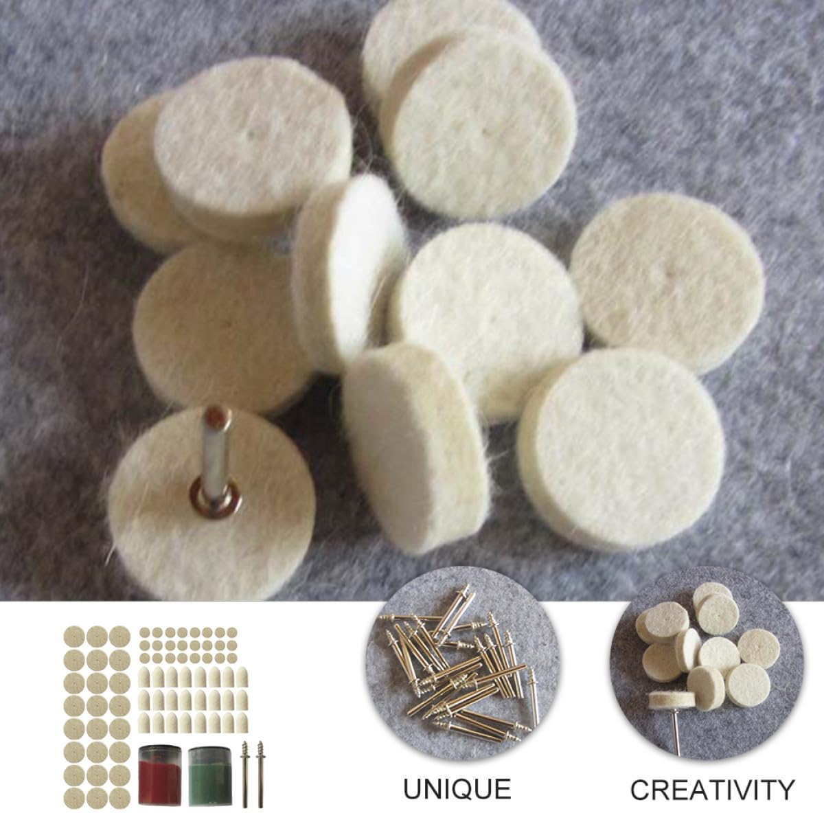 KALLORY 76pcs Wool Felt Polishing Wheel Set Buffing Mop Kit with Mandrels for Rotary Drill Polisher Accessories Car and Jewelry Grinding Finishing