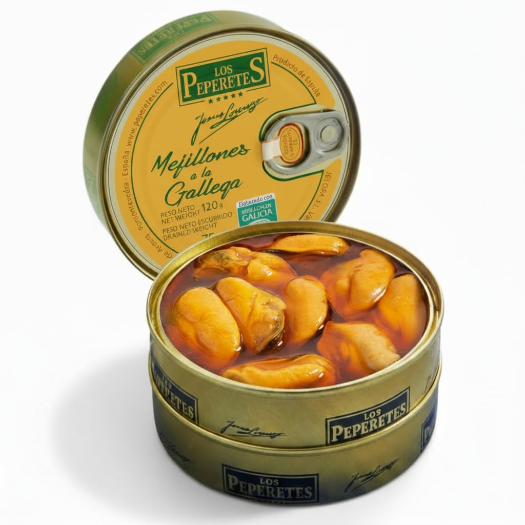 LOS PEPERETES Mejillones Miesmuscheln in Galicischer Sauce 120 g | Galicische Gourmet-Meeresfrüchte-Dose | Handwerkliche Herstellung | Premium-Konserve | Traditioneller Geschmack aus Galicien
