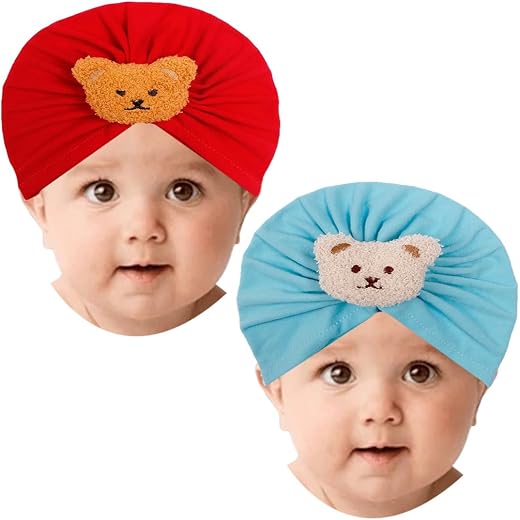 BabyMoon Beanie Bear Turban Knot Boy’s Girl’s Kids New Born Baby Cap Hat Headwear 0-2 Y | Set of 2| Red-Blue