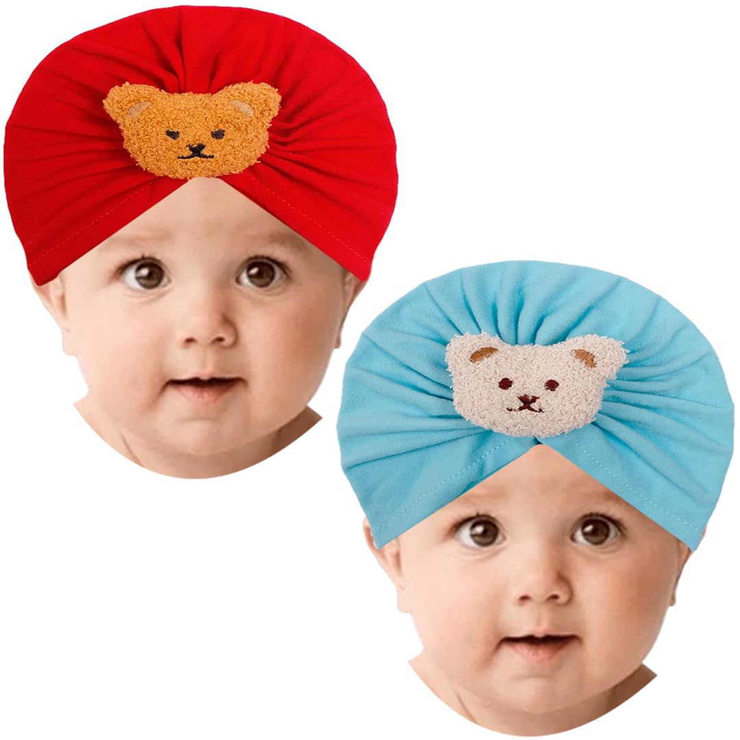 BabyMoon Beanie Bear Turban Knot Boy’s Girl’s Kids New Born Baby Cap Hat Headwear 0-2 Y | Set of 2| Red-Blue - Review, Price and Buying Guide