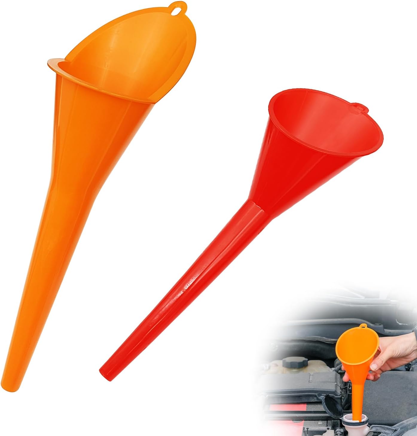 2Pcs Long Neck Oil Funnels, Hand-Free No Cover Plastic Lubricant Filling Funnel, for Filling Automotive Oil, Coolant & Other Liquids, Top Hanging Loop Portable Oil Change Accessory for Most Cars
