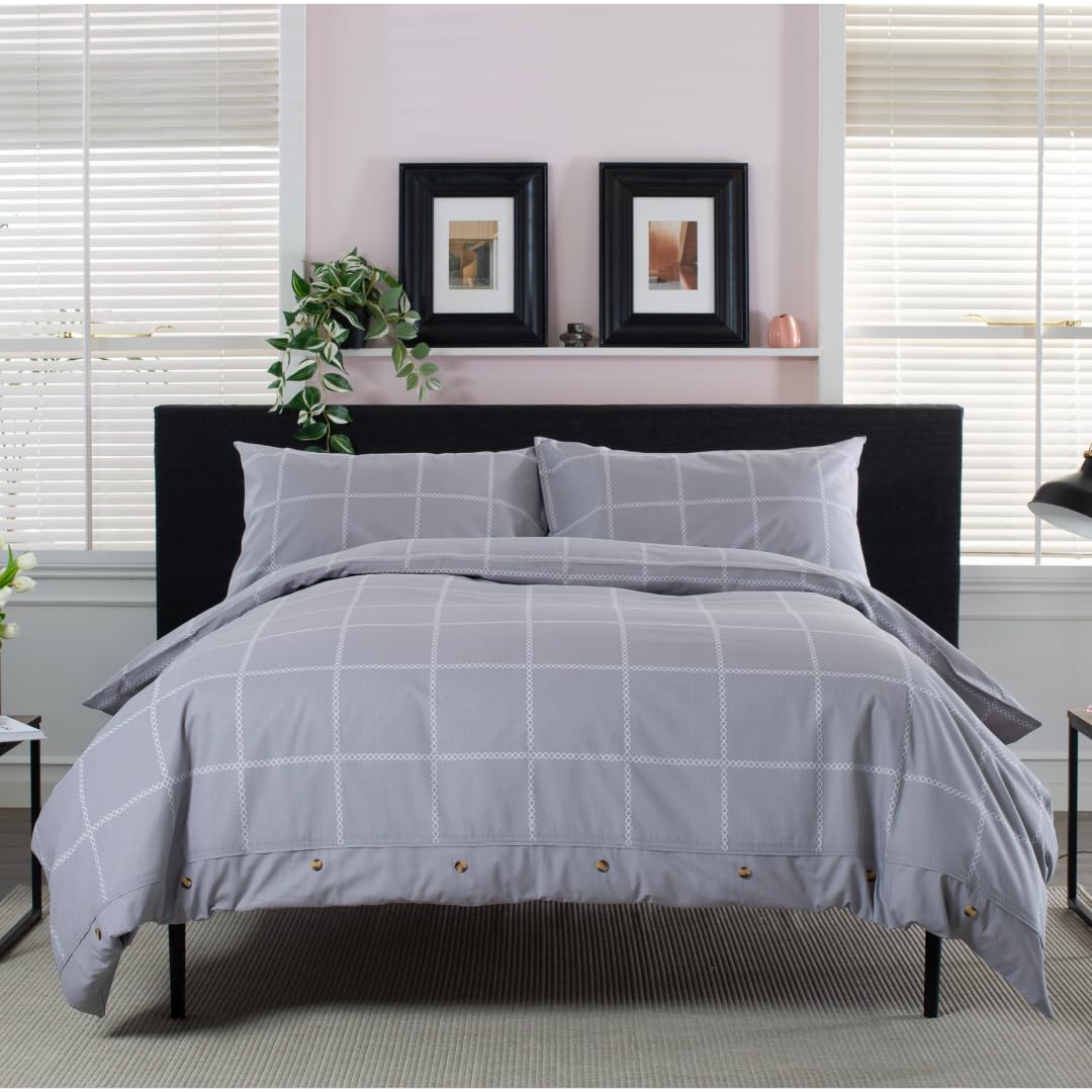 The Lyndon Company Crossley Heath Duvet Set  100% Cotton With Piped Cuffs & Button Detail
