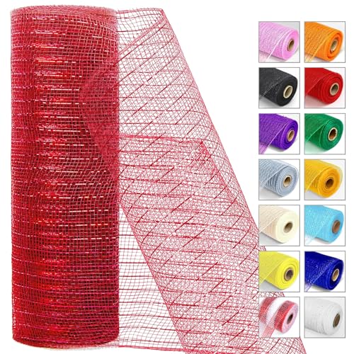 Red Metallic Deco Mesh Ribbon – 10" x 10 Yards Roll for Wreaths, Crafts, Christmas & Halloween – Sparkly Decorative Mesh for Holiday DIY, Gift Wrapping & Party Decor (1 Roll)