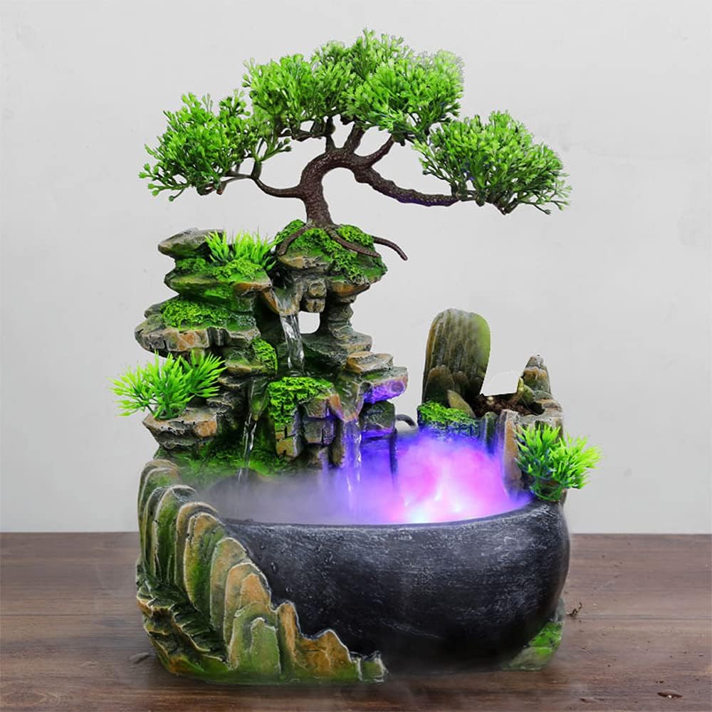 Water Fountain Rockery Waterfall Desktop Decor Mini Rockery FengShui Desktop Fountain Waterfall Ornament with LED for Home Office Bedroom