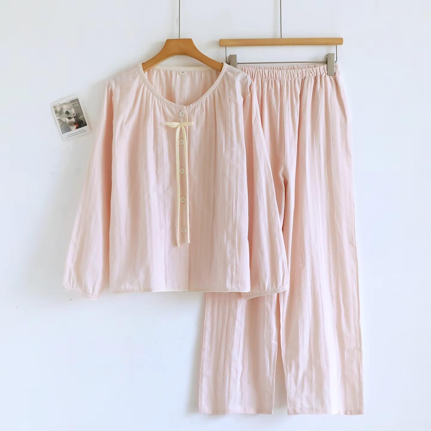 Conjunto de pijama de algodón de color liso para mujer, manga larga, pantalones largos, primavera y otoño