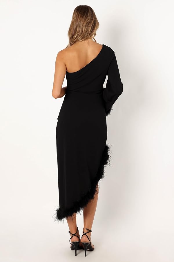 Dame One Shoulder Feather Midi Dress - Black S by Petal & Pup - Image 4