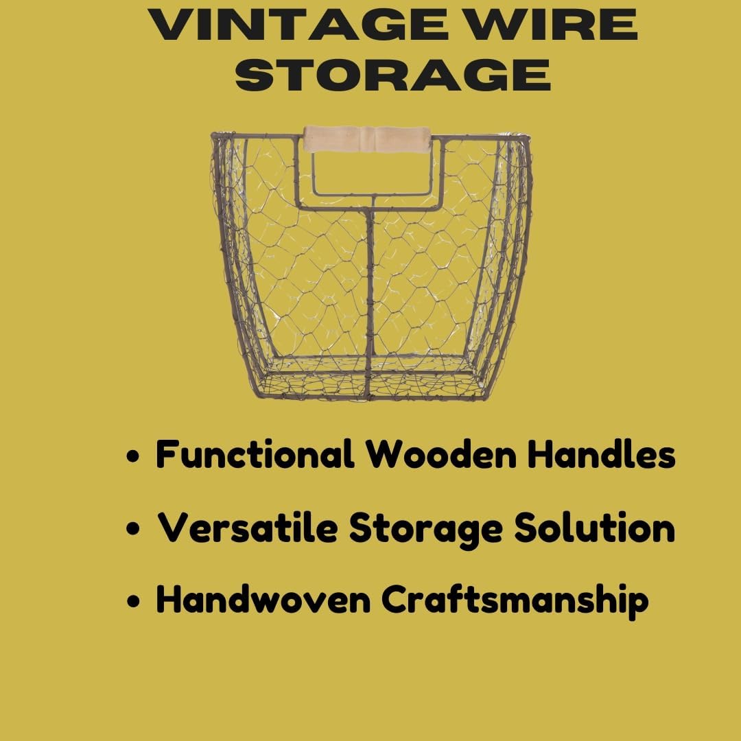 SEDLAV Rustic Farmhouse Brown Wire Basket with Wooden Handles - Vintage Chicken Wire Storage, Kitchen Organizer, Decorative Handwoven Bin for Eggs, Country Style Home Decor