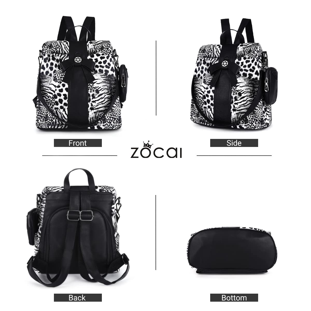 ZOCAI Mochila monedero para mujer de moda, carteras, de piel sintética, mochila diaria, antirrobo, bolso de hombro, monedero, Leopardo negro., M