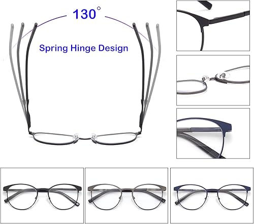 Miniatura 5 de HIGHLIKE Paquete de 4 lentes de lectura redondos con marco de metal con bloqueo de luz azul para mujeres y hombres, lectores de bisagra de resorte,