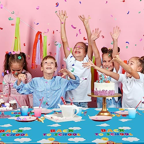 Image of 2Pcs Back to School Tablecloth, Plastic 108 x 54 In Tablecover for Students | Back to School Supplies, Waterproof Bus Table Cover, Colorful School Bus Design, Disposable for Preschool Party Decoration