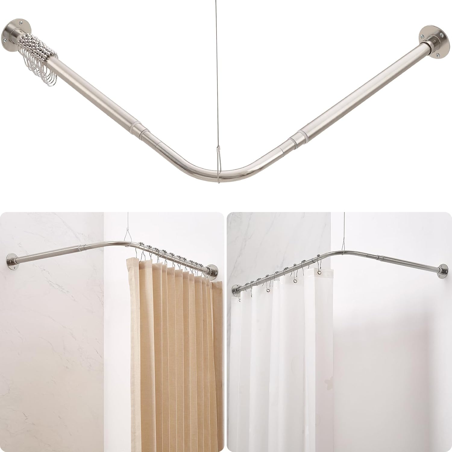 L Shaped Corner Shower Curtain Rod, Adjustable [24.3" - 47.6"] x [24.3" - 47.6"] 90 Degree Square Shower Curtain Rod with 12 Hooks & Ceiling Support for Bathroom Bathtub - Matte Black