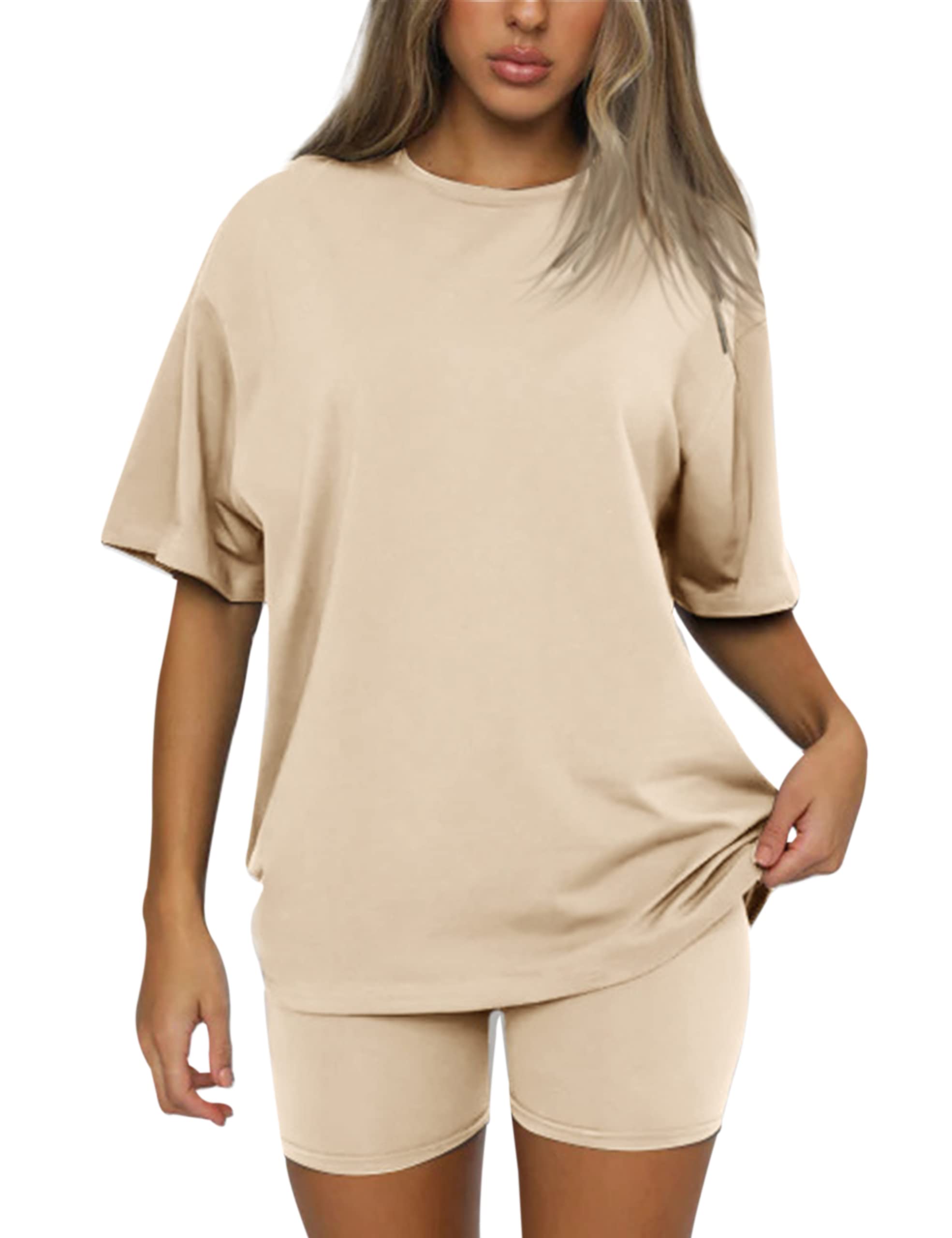 Women Solid Oversize T Shirt And Bike Shorts Sets 2 Piece Outfits Tracksuit Sweatsuits Lounge Sets