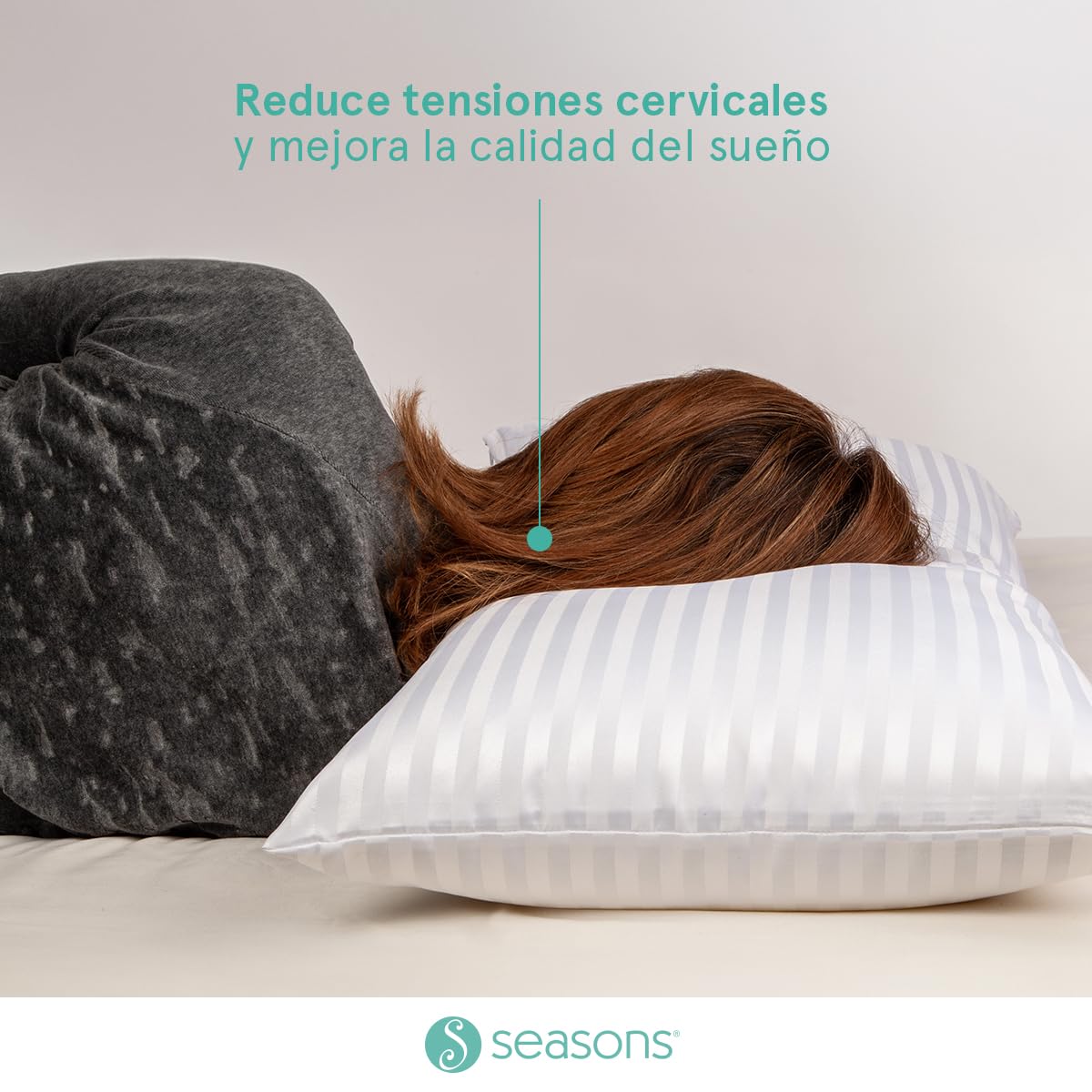 SEASONS - Almohada de Fibra con Tacto Pluma, 150 cm, Antiácaros, Tejido Satén Algodón, Ligera y Transpirable, Doble Funda, Tratamiento con Limpieza de Ozono, Fabricado en España
