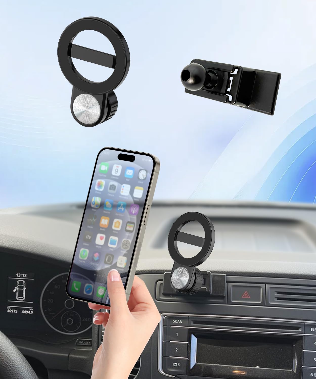 Samochodowy uchwyt na telefon do Volkswagen Tiguan 2009-2017 akcesoria samochodowe, uchwyt na telefon komórkowy kompatybilny z MagSafe, obrót o 360°, bez użycia rąk, nie wpływa na
