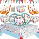 PEPPA TABLEWARE: el paquete perfecto para la fiesta de cumpleaños, ahorrando dinero y tiempo. Contiene 16 x platos (9 pulgadas), 16 x tazas (9 oz), 16 x servilletas (33 * 33 cm), 1 x mantel (120 * 180 cm), 1 x pancarta Peppa y