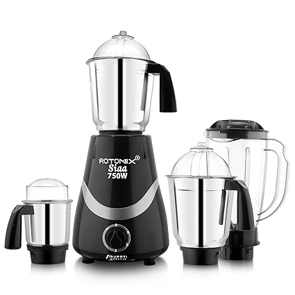Rotomix Latest New Model SIAA 750-Watts Mixer Grinder with 3 Stainless Steel Jars and 1 ABS Juicer Jar (Dry Jar, Chutney Jar, Liquid, Juicer Jar) Black-Silver
