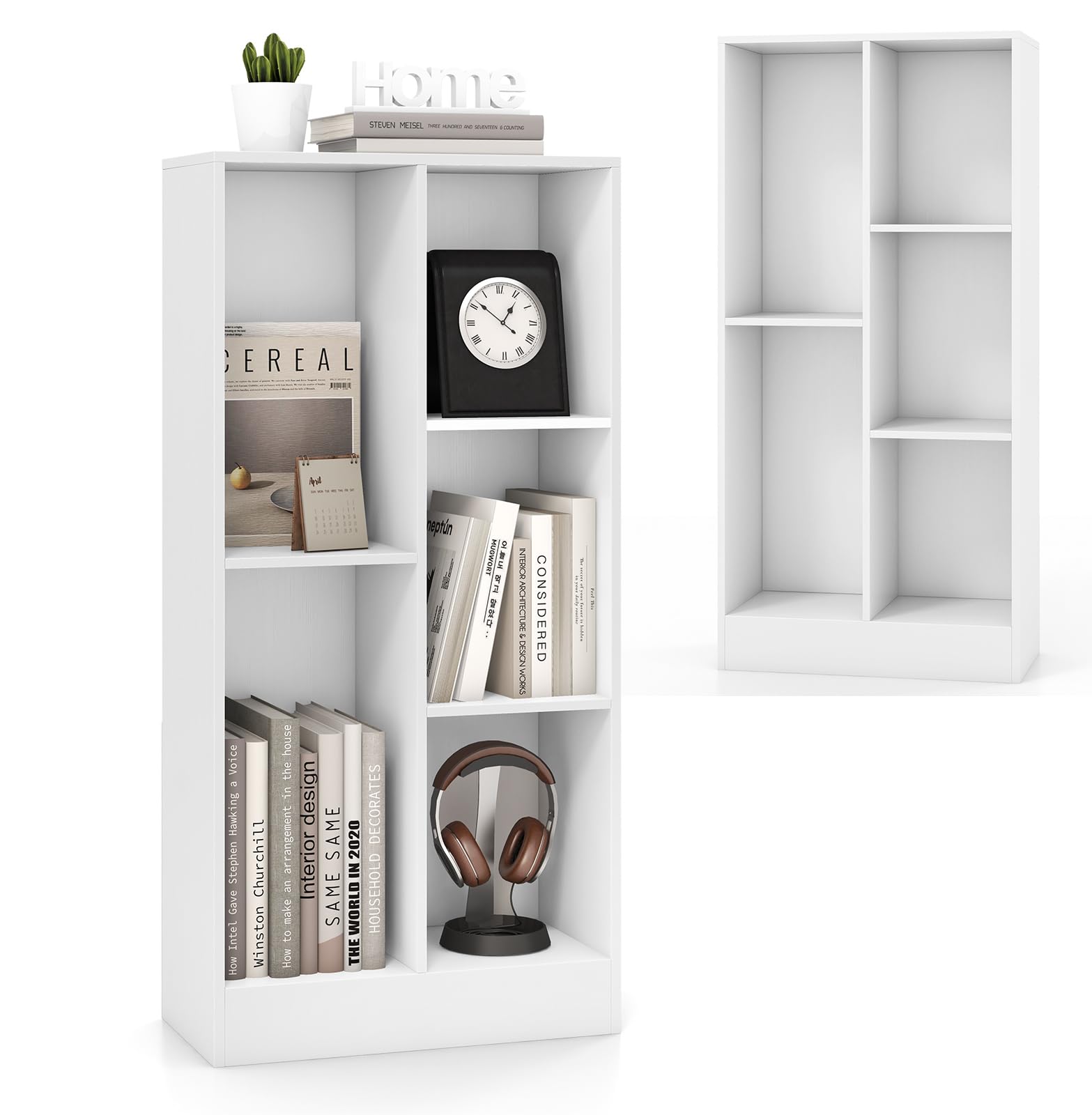 KOMFOTTEU Libreria aperta con 5 armadietti di 2 diverse dimensioni, scaffale per libri aperto, mobile in legno, gambe antiscivolo, 50 x 24 x 104 cm (bianco)