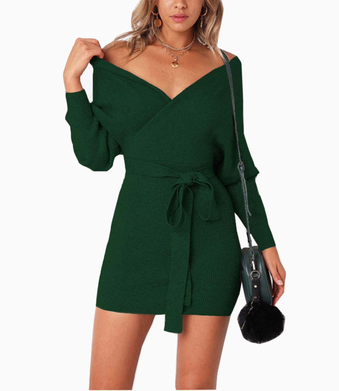 Mansy Women's Sexy Cocktail Batwing Long Sleeve Backless Mock Wrap Knit Sweater Mini Dress