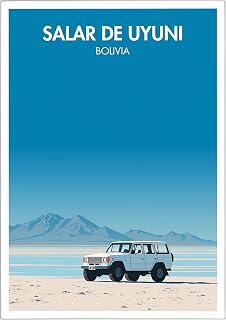 Salar de Uyuni Bolivia poster art print featuring a vintage sport utility vehicle on the salt flats, travel wall decor suitable for home or office