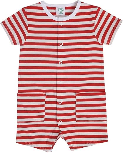 miniklub Baby Boys Round Neck Short Sleeve Knit Romper (Red And White Color)