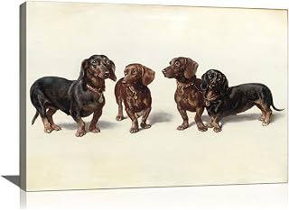 Funny Dog Canvas Wall Art Vintage Farmhouse Animal Picture Prints Four Dachshunds Painting Pastel Shades Framed Artwork for Living Room Bedroom Kids Room Decoration 24x16in