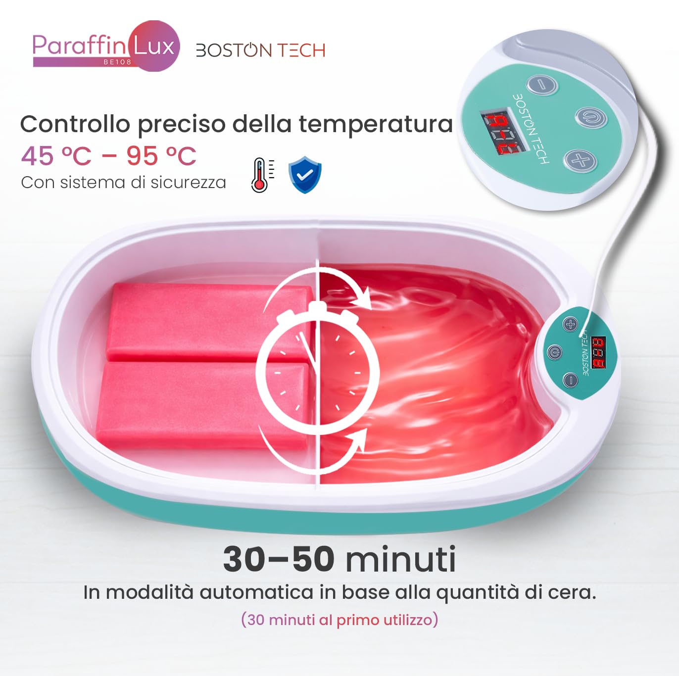 Bagno di Paraffina per Mani e Piedi di Boston Tech® | Sollievo per Dolore Muscolare e Artrite | Idrata, Ammorbidisce e Rivitalizza la Pelle | Capacità 5L + 2 Blocchi di Cera + Accessori Premium