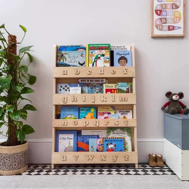 Tidy Books® Kids Wooden ABC Bookshelf (Age 0-10) New Nature Range Soft Colours. Kids Wall Bookshelf, Montessori Book Rack, Barley, Blue Alphabet, Eco Friendly, Handmade, The Original Since 2004.
