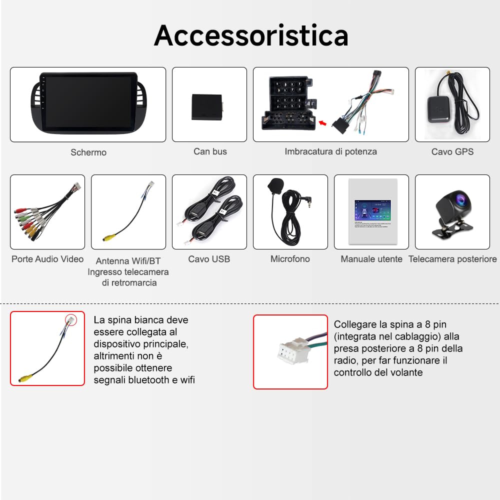 Autoradio per Fiat 500 2007-2015 Android 15 4+64GB - Schermo 9" 1280x800 con Wireless CarPlay Android Auto - GPS Navigatore, Bluetooth 5.4, WiFi 6.0, DSP, Touchscreen