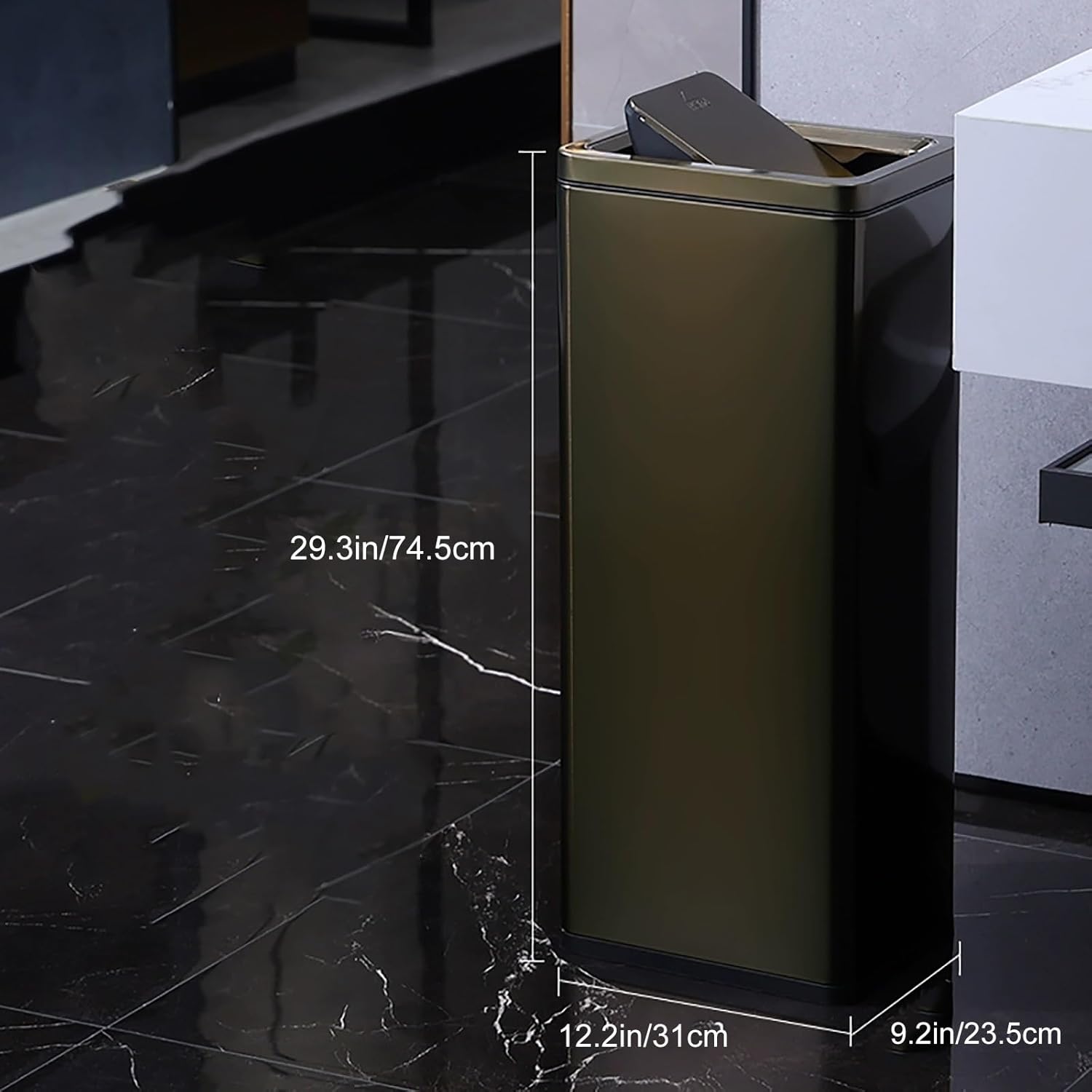 30L Commercial Trash Can with Swing Lid, Trash Bin Stainless Steel, Garbage Bin for Office & Business(Black)