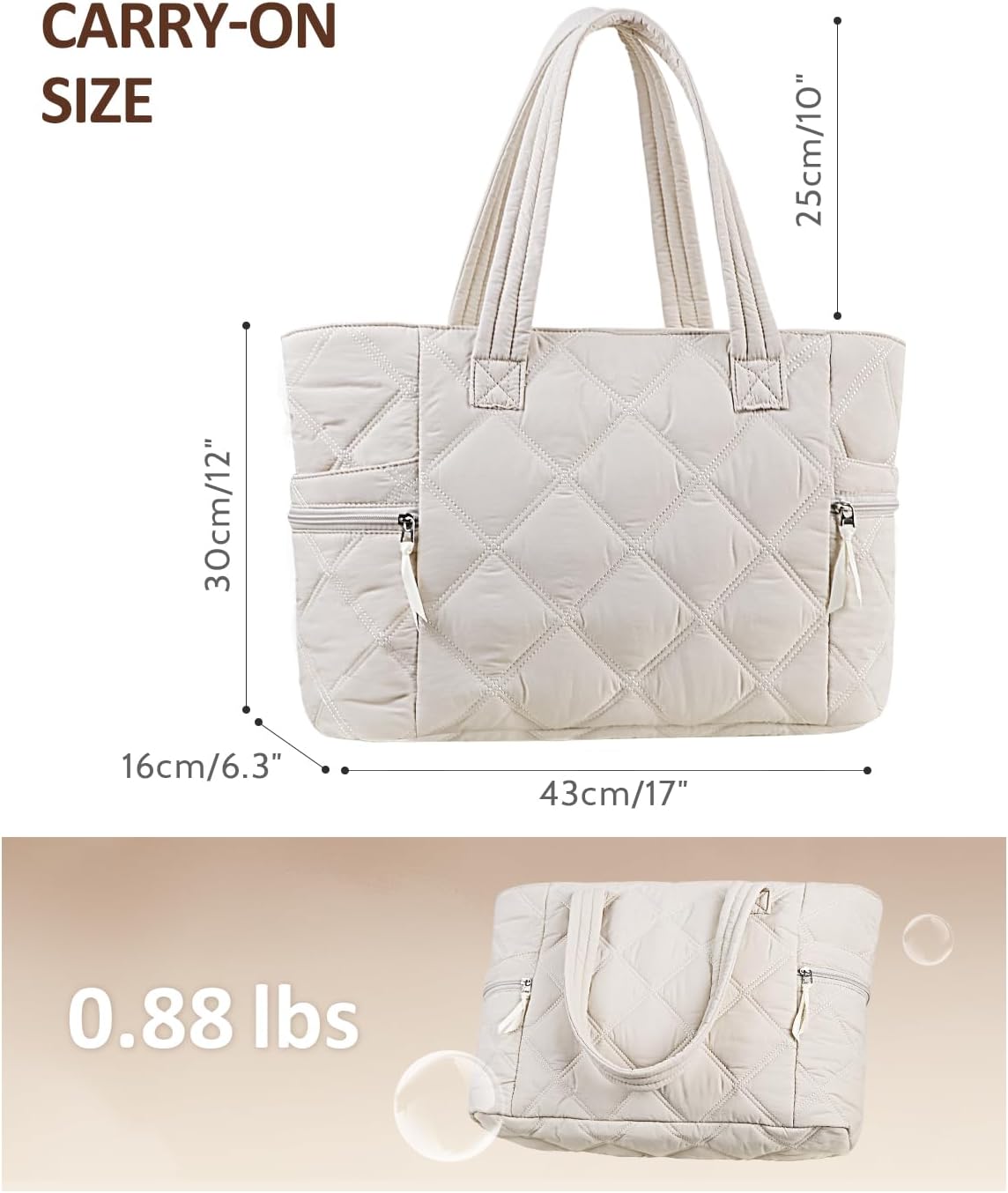 Prite Quilted Tote Bag for Women, Lightweight Puffer Tote with Zipper, Travel Work Nurse Gym Bag(Beige) - Image 6