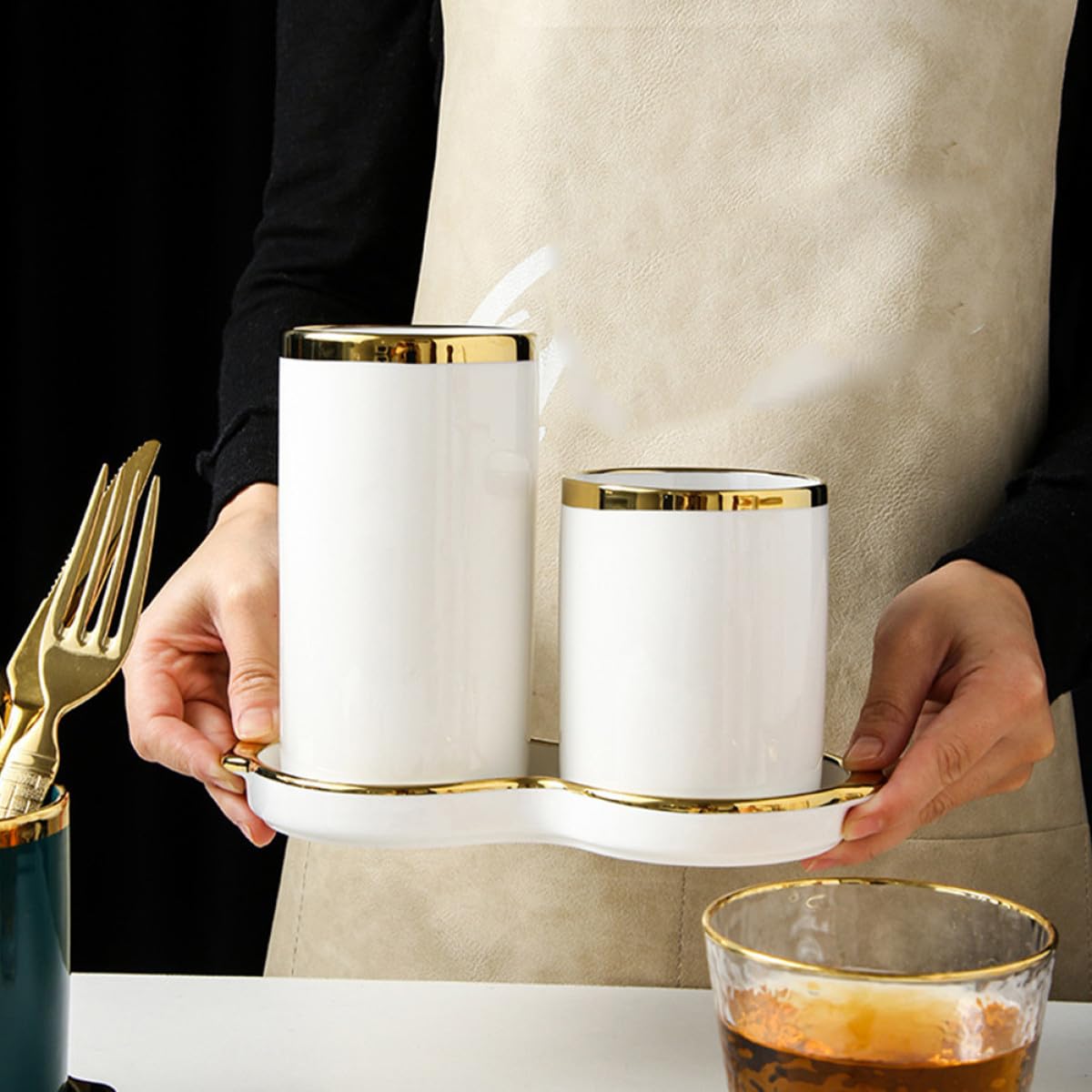 Escurridor y Drenaje Eficaz Blanco de Palillos de Cerámica Doble Compartimento para Almacenar Utensilios de Cocina y Diseño Simple Toque Cómodo