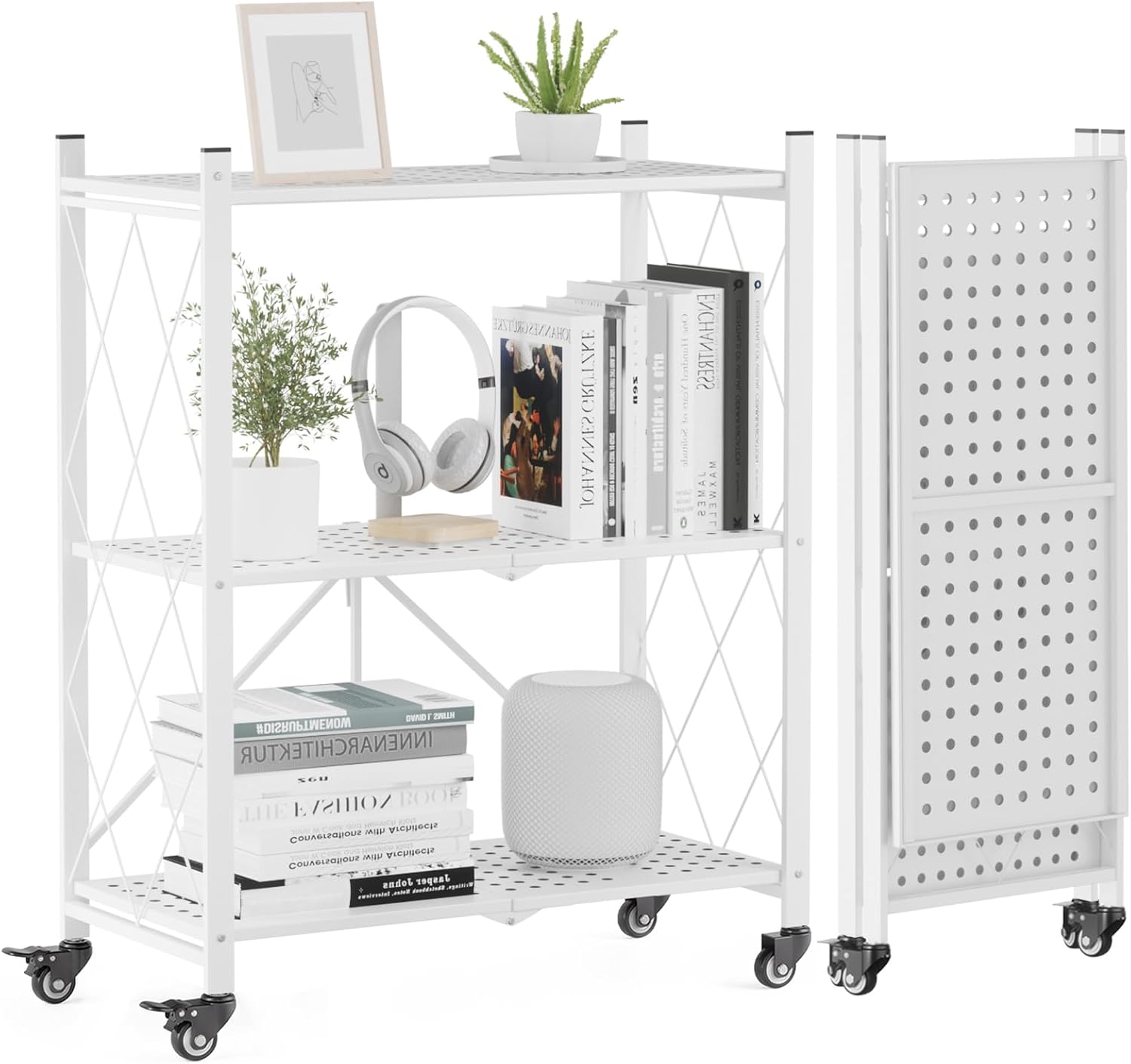 ALANNG 3 Tier Folding Shelf on Wheels, Heavy Duty Rolling Storage Cart