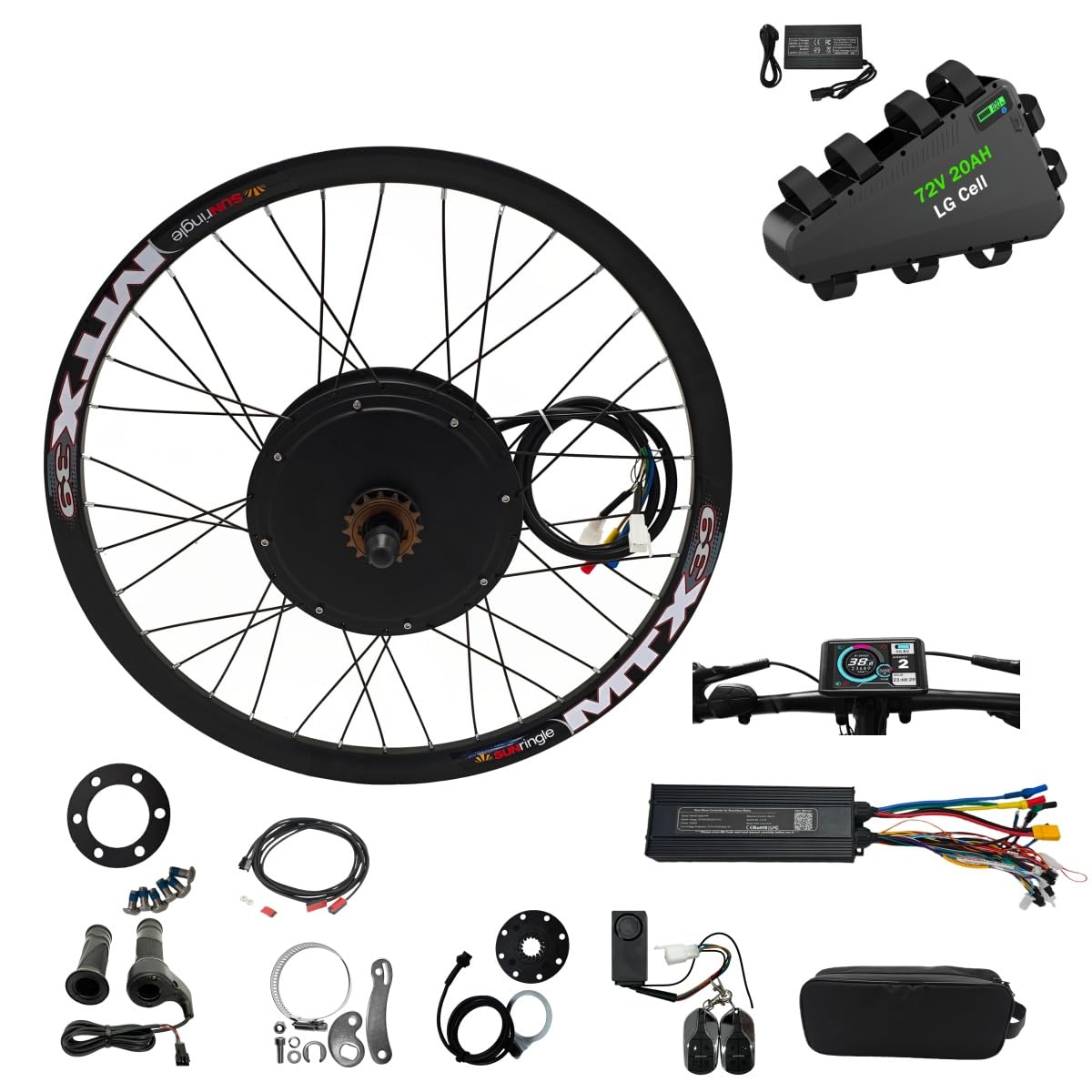 MTX39 E-Bike Hinterrad Umbausatz, 72V 3000W Nabenmotor Kit, mit 72V 20Ah Dreiecksakku, für 20"–29" Räder