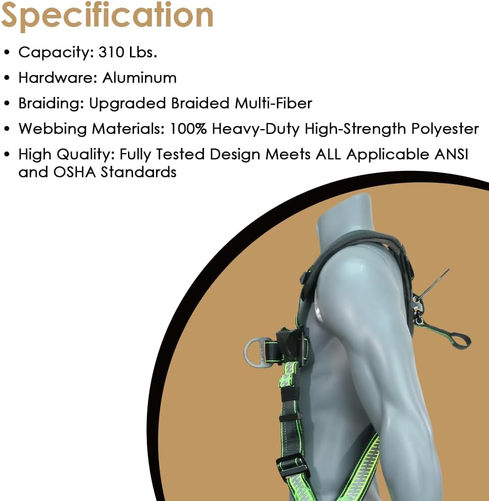 AFP Fall Protection PremiumSafety Harness, Vented & Padded Shoulder, Legs and Back, 3 D-Rings, Tongue Buckle