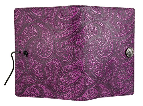 Genuine Leather Refillable Journal Cover With A Hardbound Blank Insert, 6X9 Inches, Paisley, Orchid With A Pewter Button, Made In The Usa By Oberon Design #TOP2