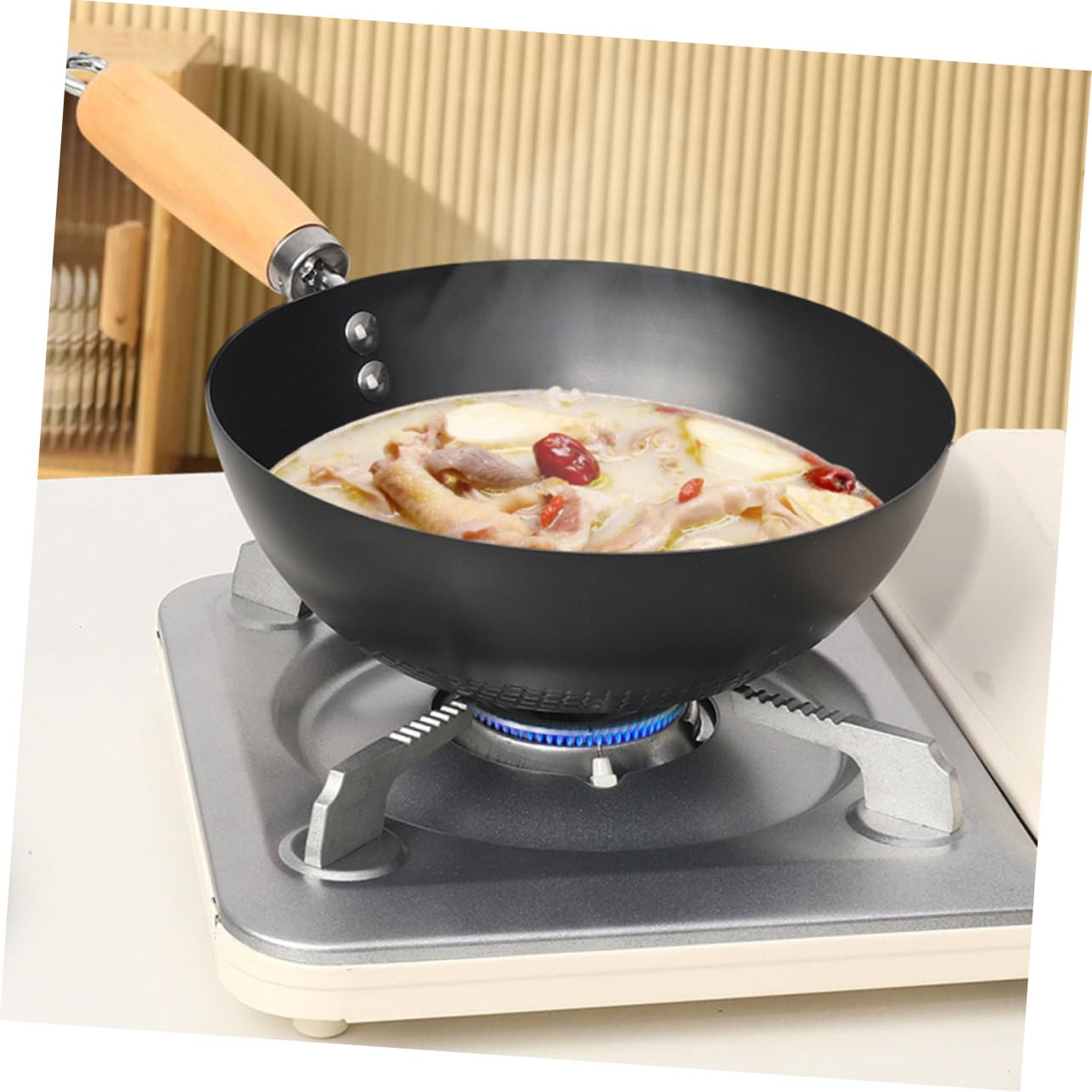 ABOOFAN Wok Mini in Ferro Nero per Piano a Induzione, Manico in Legno