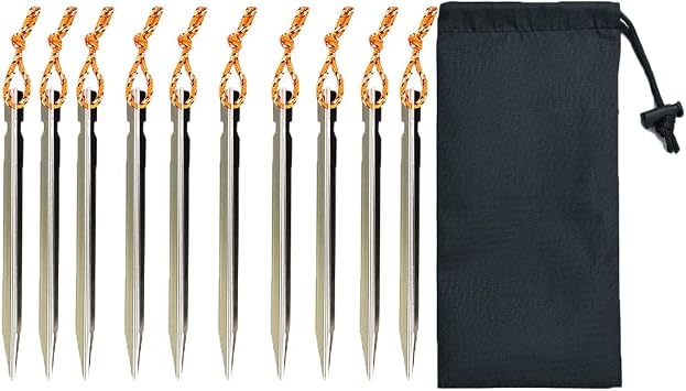 10-Pack Aluminum Tent Stakes Pegs, Heavy Duty Camping Stakes with Reflective Pull Ropes & Storage Bag Camping Accessories for Canopy Tents Hammocks Silver
