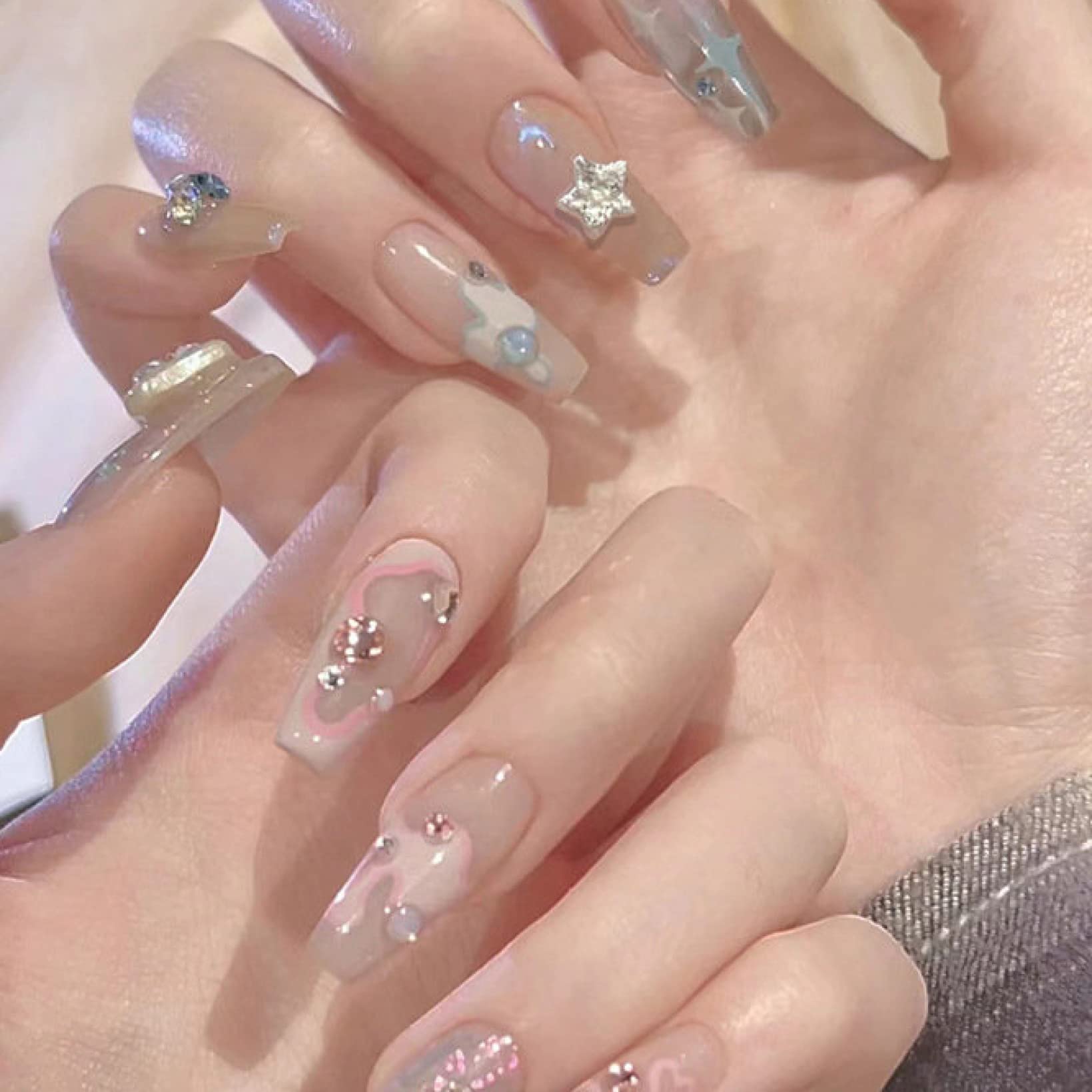 24pcs Grid Heart Long False Nails Finished Removable Fake Nails Set Reusable Artificial Acrylic Press On Nail Supplies