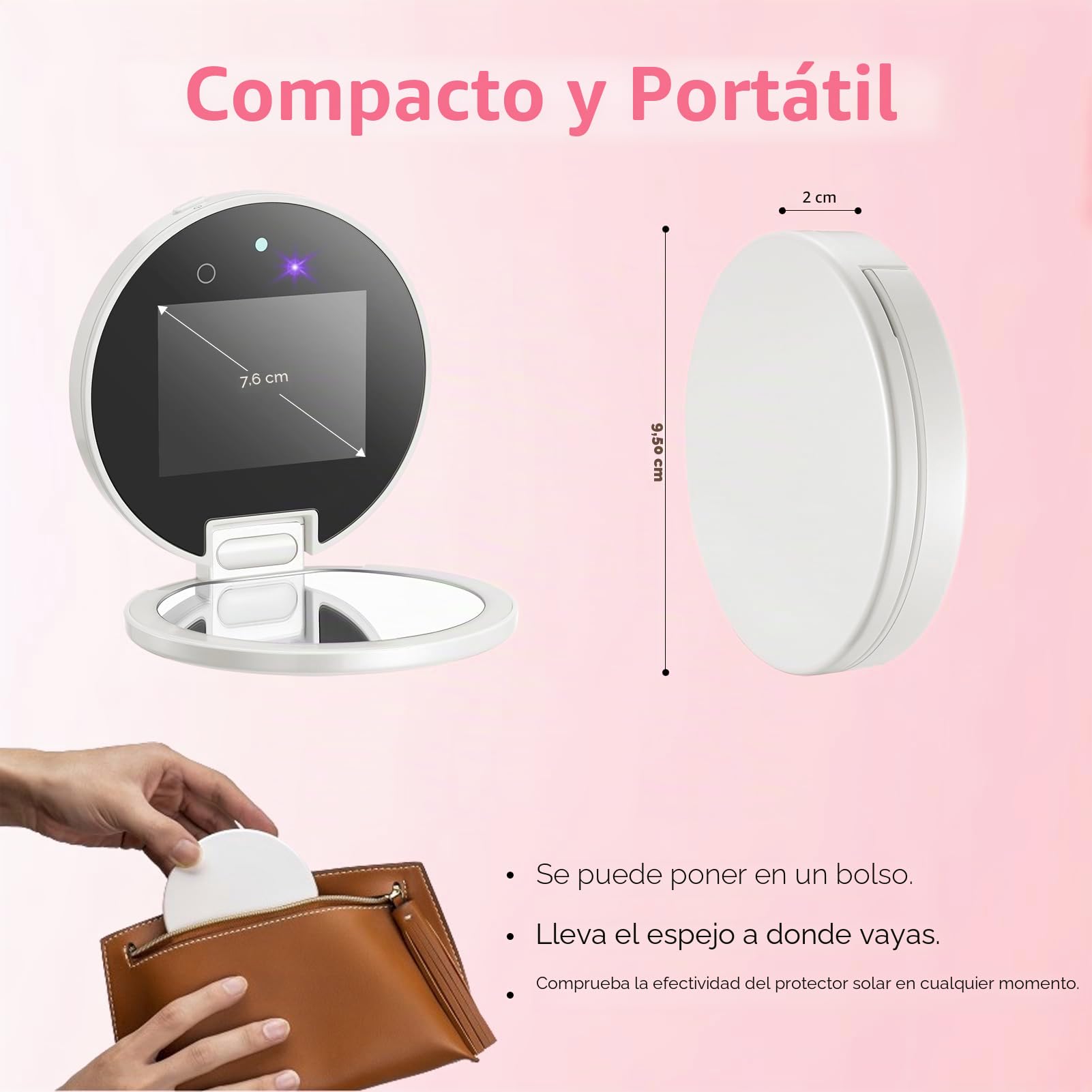 Vanexiss Cámara UV para prueba de protector solar, espejo UV, cámara de protección solar, recargable de 3.8 pulgadas, espejo de tocador de aumento 2X con luz, espejo de bolsillo de doble cara para
