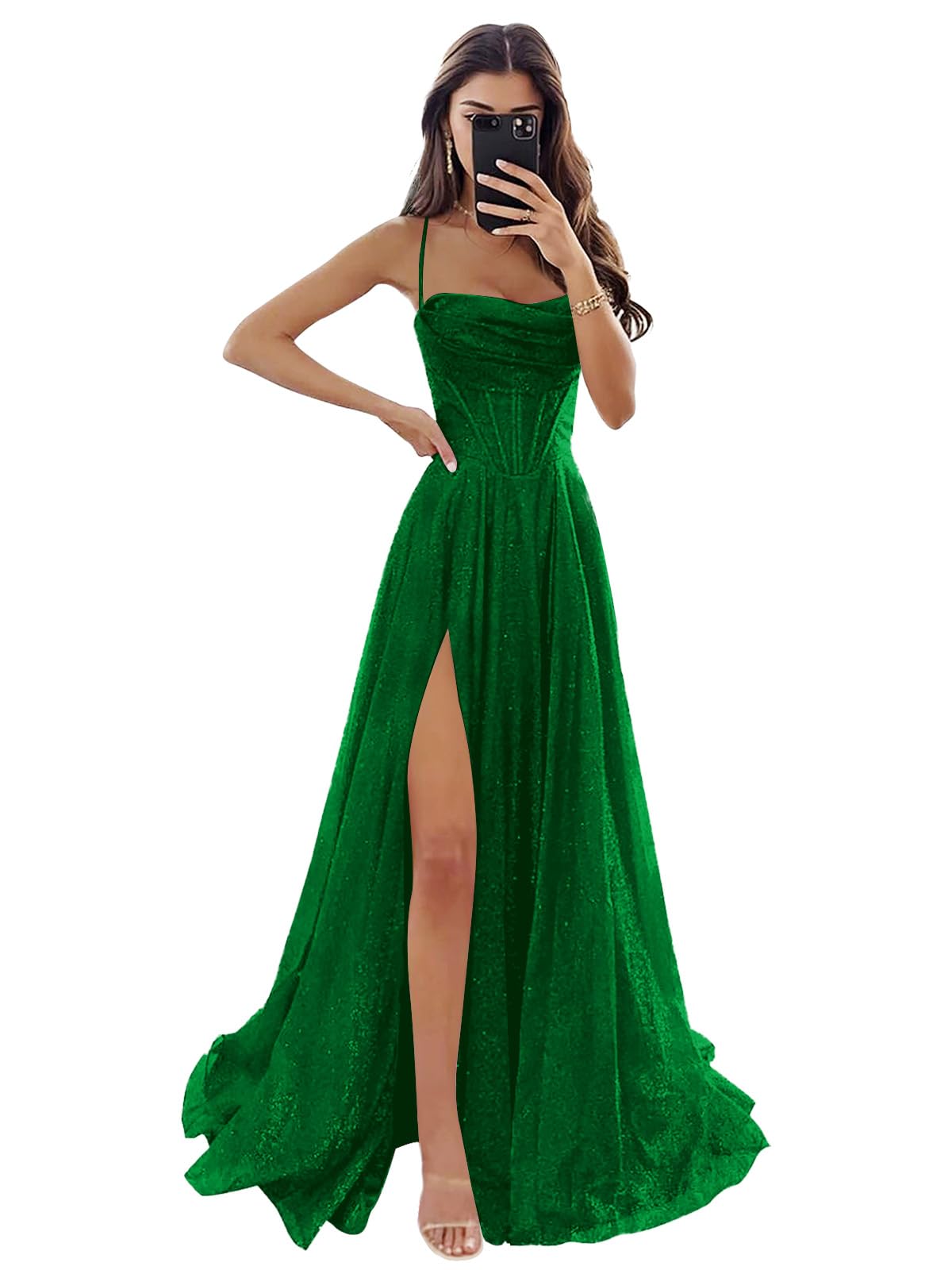 Women's Spaghetti Straps Glitter Tulle Prom Dress with Slit Cowl Neck Long Formal Dress Evening Gown