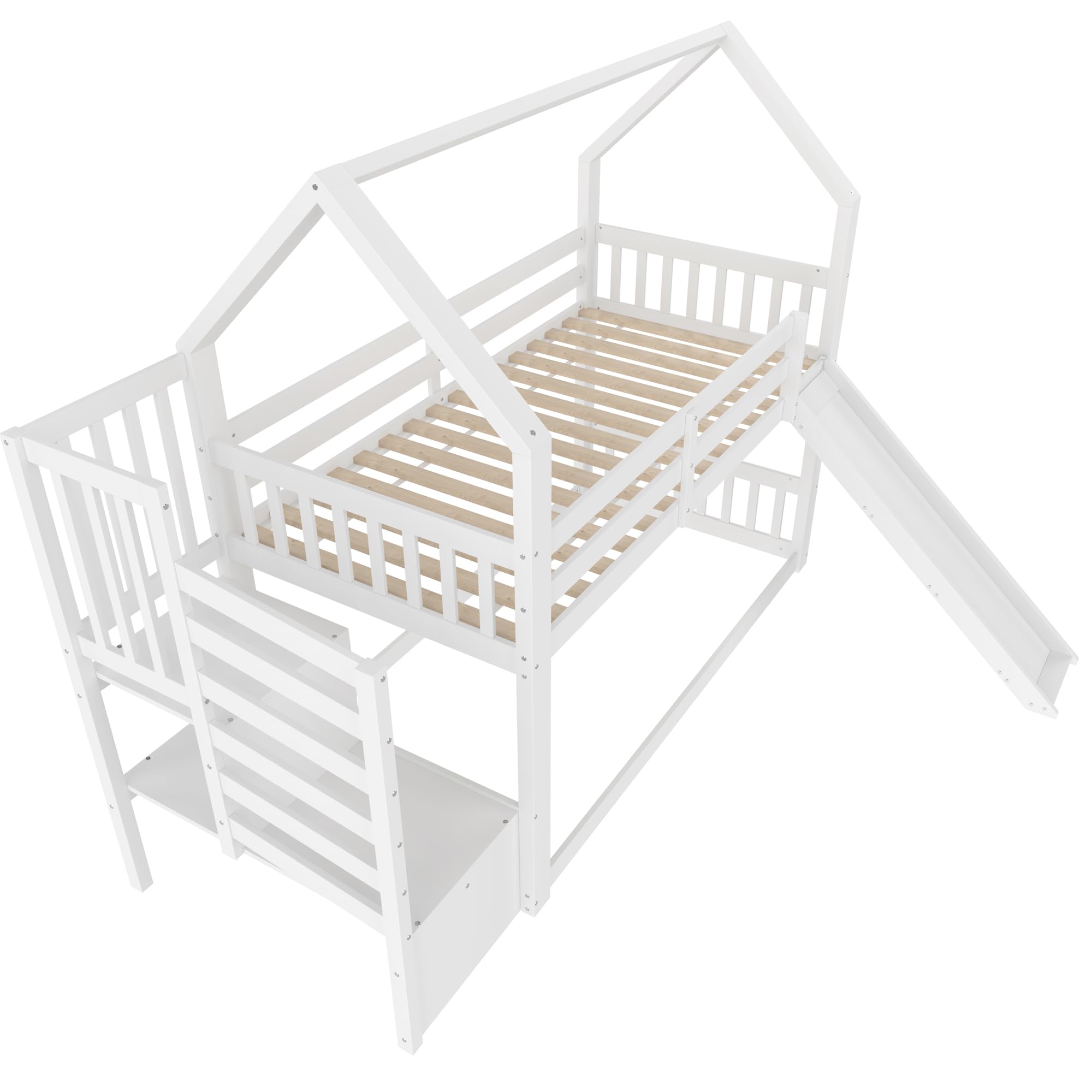 Kinderbett Etagenbett 90x200cm, Hausbett Hochbett mit Treppe und Rutsche, Multifunktionsbett Holzbett Baumhausbett Spielbett Stockbett Bettgestell mit Rausfallschutz & Lattenrost, Ohne Matratze, Weiß