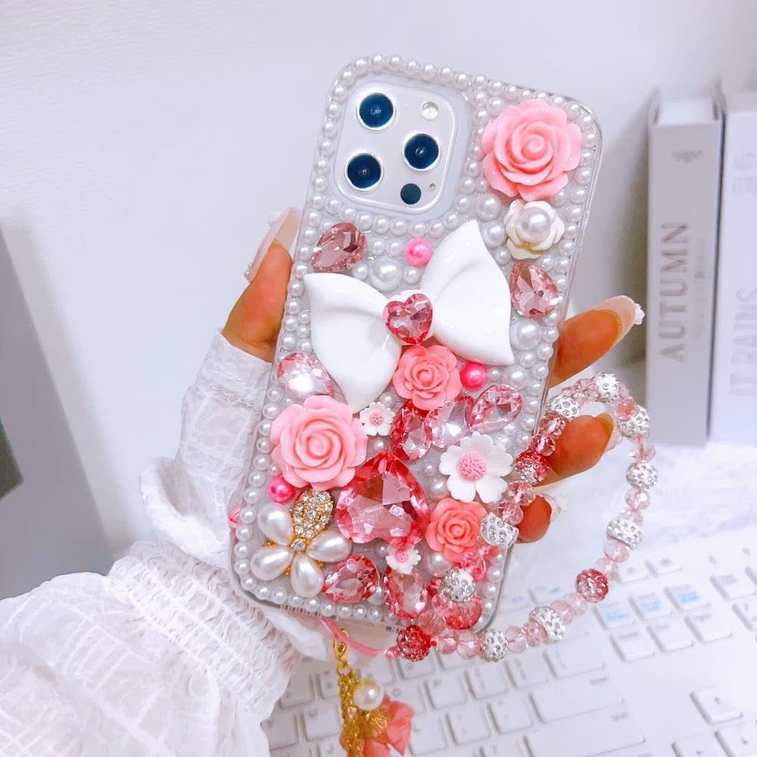 redecarie for Samsung Galaxy A54 5G Diamond Case,Bling Glitter Luxury Crystal Rhinestone Cute Bow Flowers Pearl 3D Handmade Protective Phone Cover for